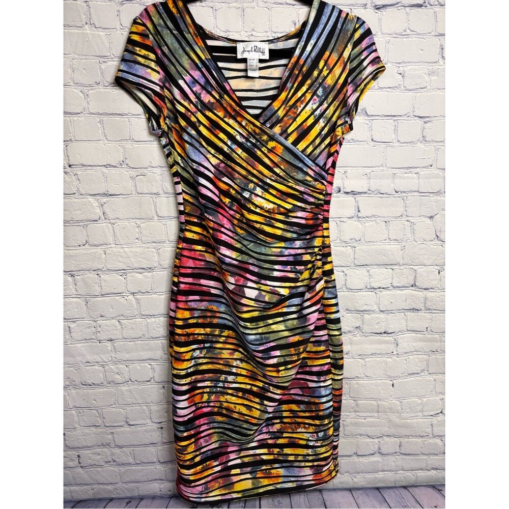 Joseph Ribkoff Multicolored Floral Stripe Party Wedding Y2K Faux Wrap Dress 6